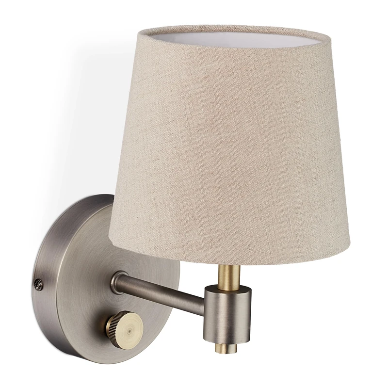 Relaxdays Wall Lamp, Vintage Design, Dimmable Shade with Switch, Fabric, E14 Socket, HxWxD 23 x 15 x 21 cm, Beige/Silver, Iron