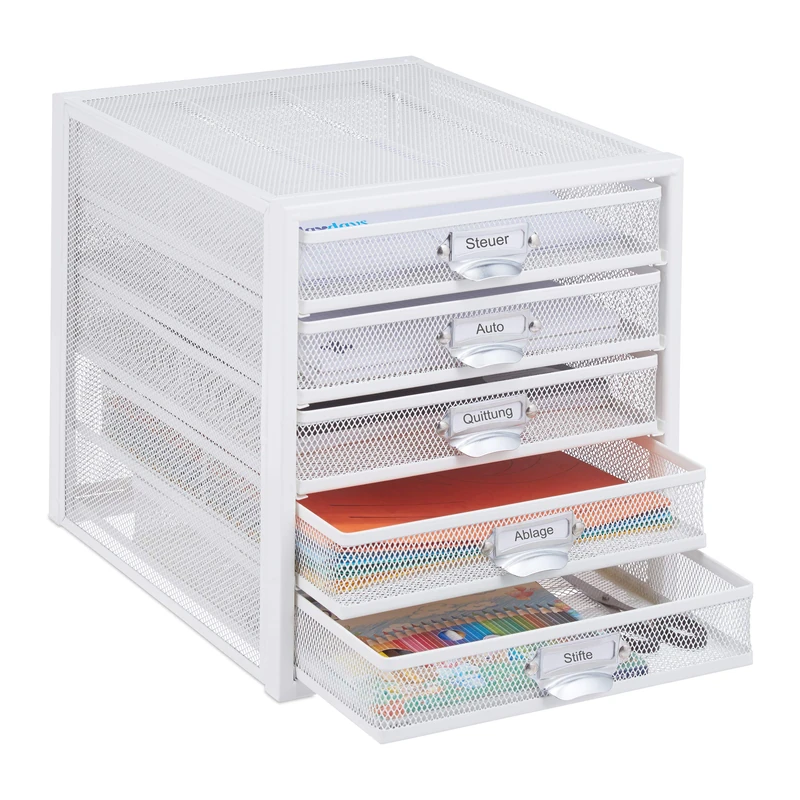 Relaxdays Box, 5 Drawers, Can Be Written On Files, Assorted Steel, Office Organiser, HBT 29 x 27.5 x 35.5 cm, White, 1 Item