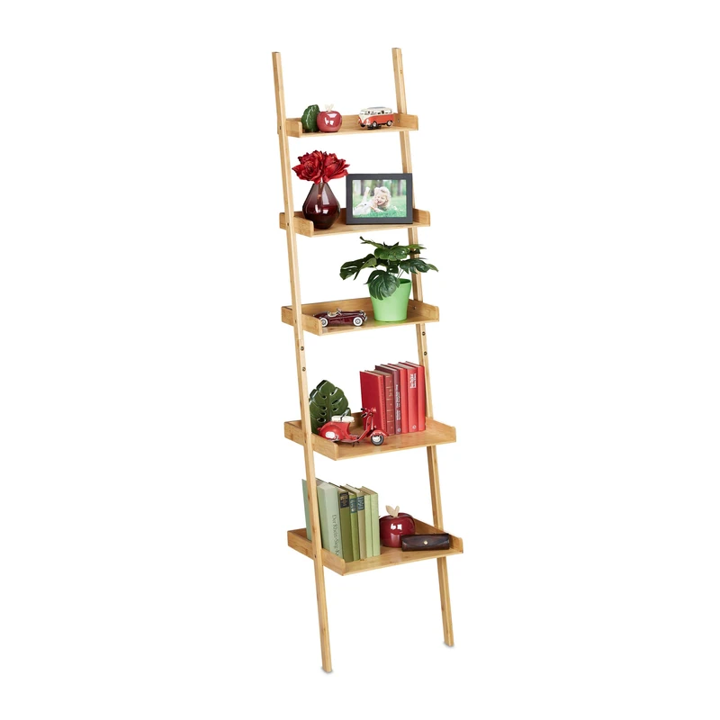 Relaxdays Bamboo Ladder Shelf, 5 Tiers, Bathroom, Kitchen, Living Room, Lean-to Rack, HxWxD: 190 x 45 x 40 cm, Natural