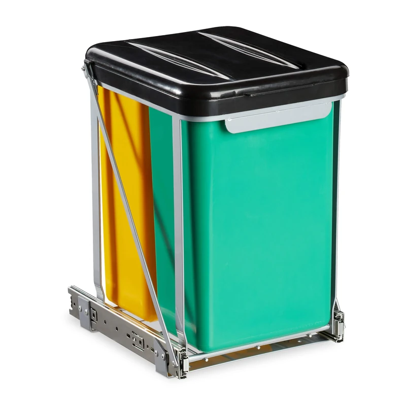Relaxdays Pull-Out Built-in bin, 2 compartments, Kitchen Waste bin for Base Cabinet, 8 l, lid, 39.5x30x25.5 cm, Black