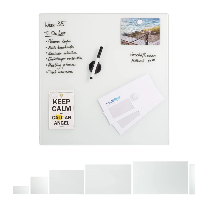 Relaxdays Glass Magnetic Dry Erase Memo Board, Writable, 3 Magnets, Safety Glass Magnet Board, White - Image 1