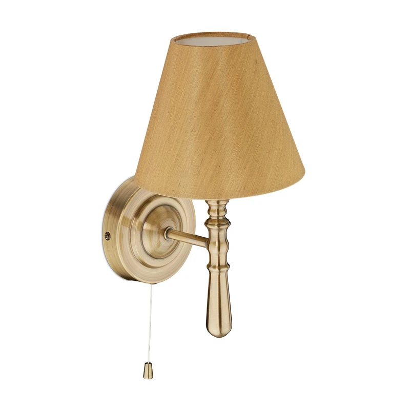Relaxdays Wall Lamp with Shade, Indoor, Pull Switch, Hallway & Living Room, E14, Fabric, HxWxD: 28 x 16 x 19 cm, Brass