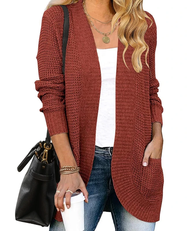 ZESICA Women's Fall Winter 2025 Long Sleeve Open Front Casual Lightweight Soft Knit Cardigan Sweater Outerwear, Rust, M