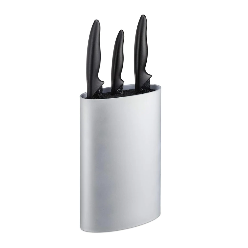 Relaxdays Oval Knife Block, Empty Holder, Blade Storage with Bristles, HWD 22 x 16.5 x 6.5 cm, Kitchen Organiser, Silver - Image 1
