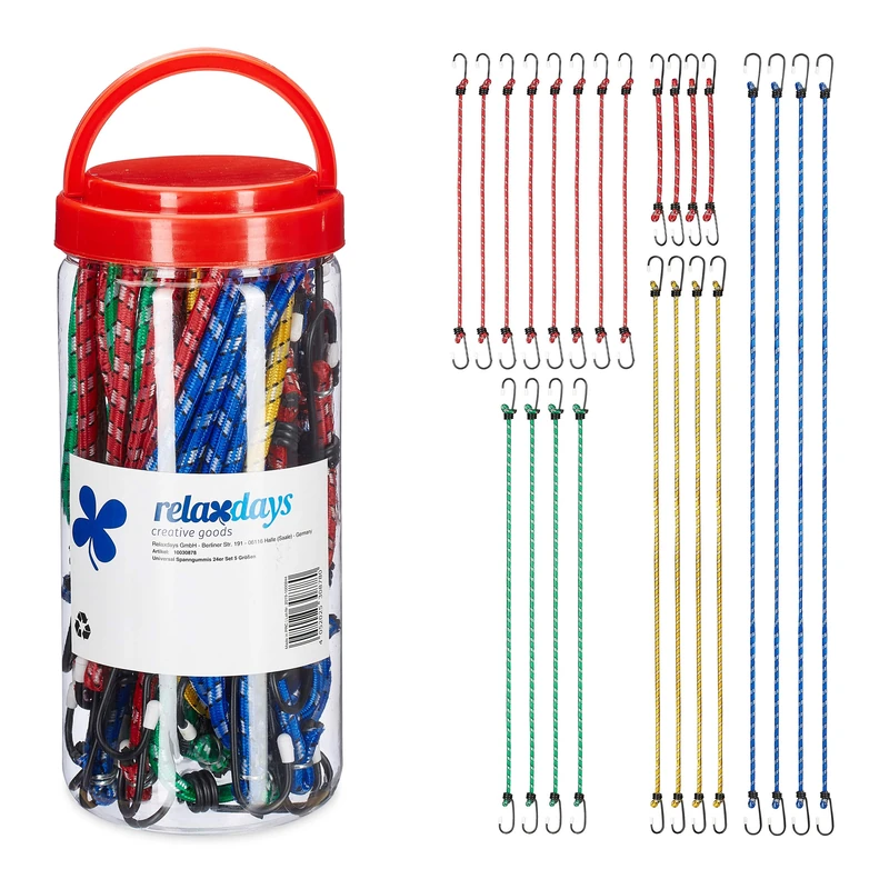 Relaxdays Bungee Cord, Set of 24, Tensioner with Hook, Camping, Car, Bicycle, Universal Expander, 5 Sizes, Multicoloured