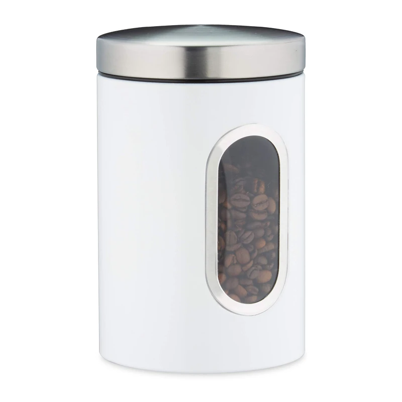 Relaxdays Storage Canister, Lid, Window, 1.4 L, for Coffee, Flour, Pasta, Kitchen Pantry Container, Jar, Metal, White