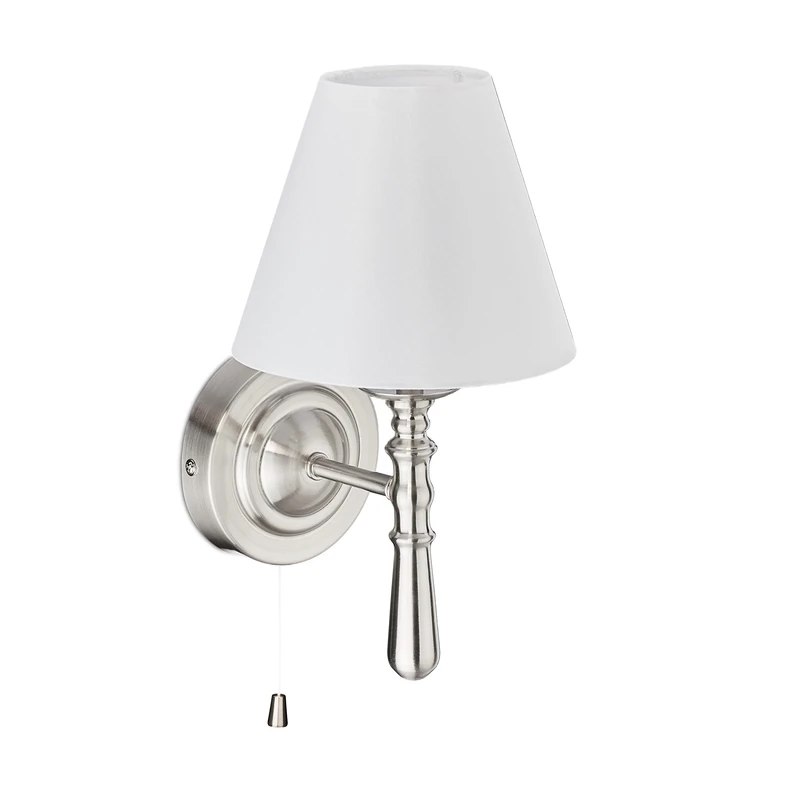 Relaxdays Wall Lamp with Shade, Indoor, Pull Switch, Hallway & Living Room, E14, Fabric, HxWxD: 28 x 16 x 19 cm, Silver, Iron