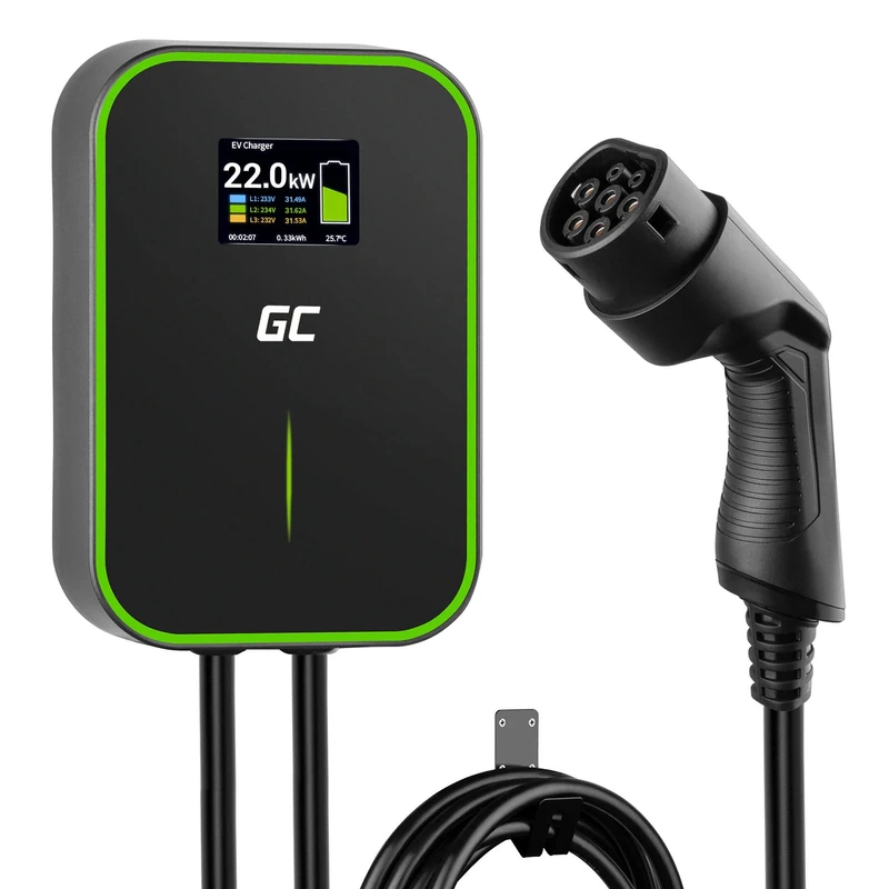 Green CellGC EV PowerBox Wallbox Charger for EV PHEV | Charging with 22kW / 11kW / 7.2kW | Cable Type 2-6m | LCD screen | IP66 | Compatible with Tesla Model 3 / S, ID.3, e-Golf, i3, ZOE, Leaf (EV14)