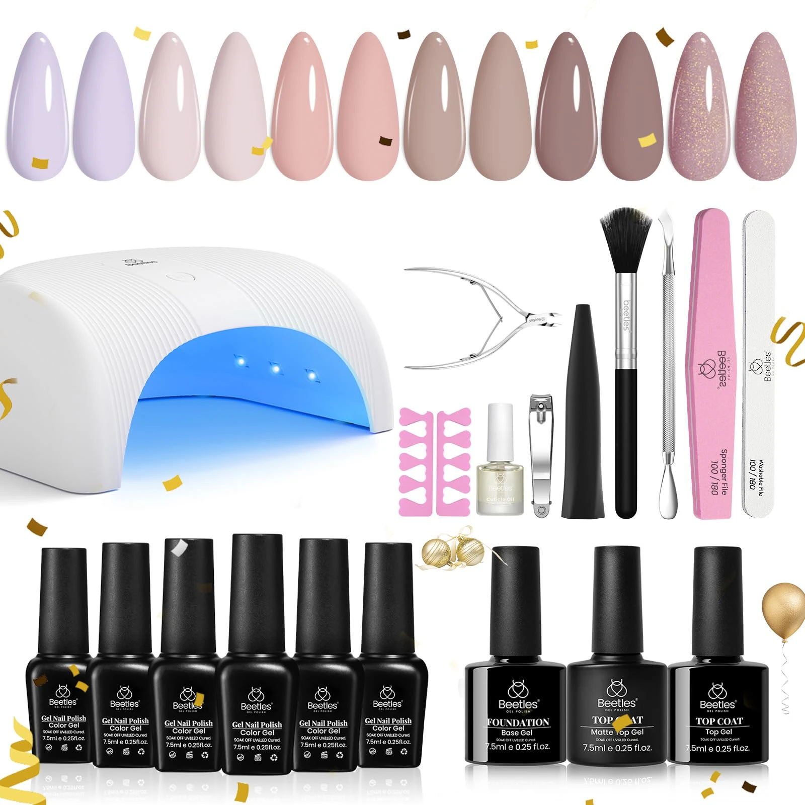 Beetles Gel Nail Polish Kit with LED Light Base & Top Coat - 6 Nude Neutral Gel Polish Colors - DIY Manicure Home Nail Essentials Gift Set