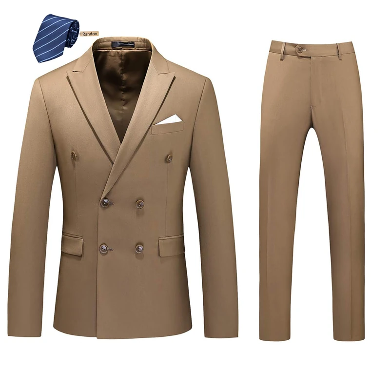 MOGU Mens 2 Piece Suit Slim Fit Double Breasted Blazer and Pants Solid Color Prom Tuxedo - Brown - 30