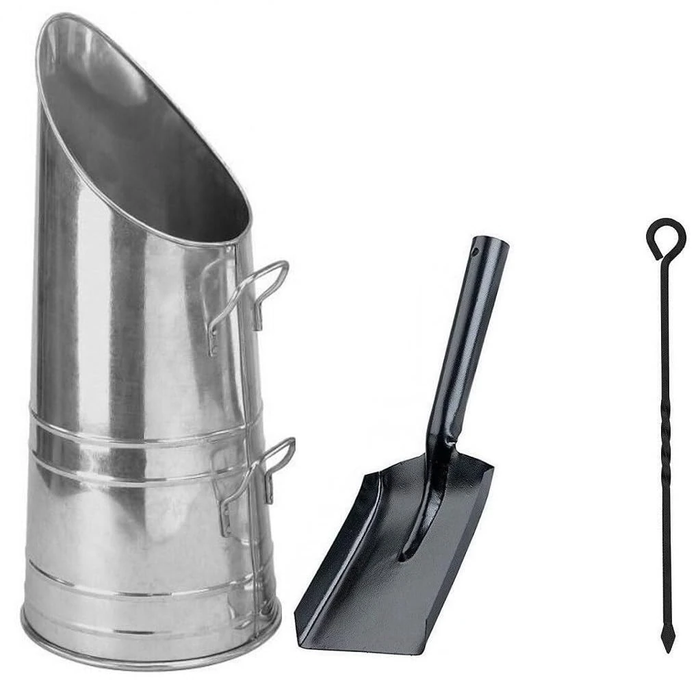 Srendi® Heavy Duty Anthracite 23" Coal Hod, Bucket Coal Scuttle Black Bronze Galvanised High Quality for Fireplace Fire Side Option with Shovel and Poker (Silver Coal Hod/Glavnised + Sovel&Poker)