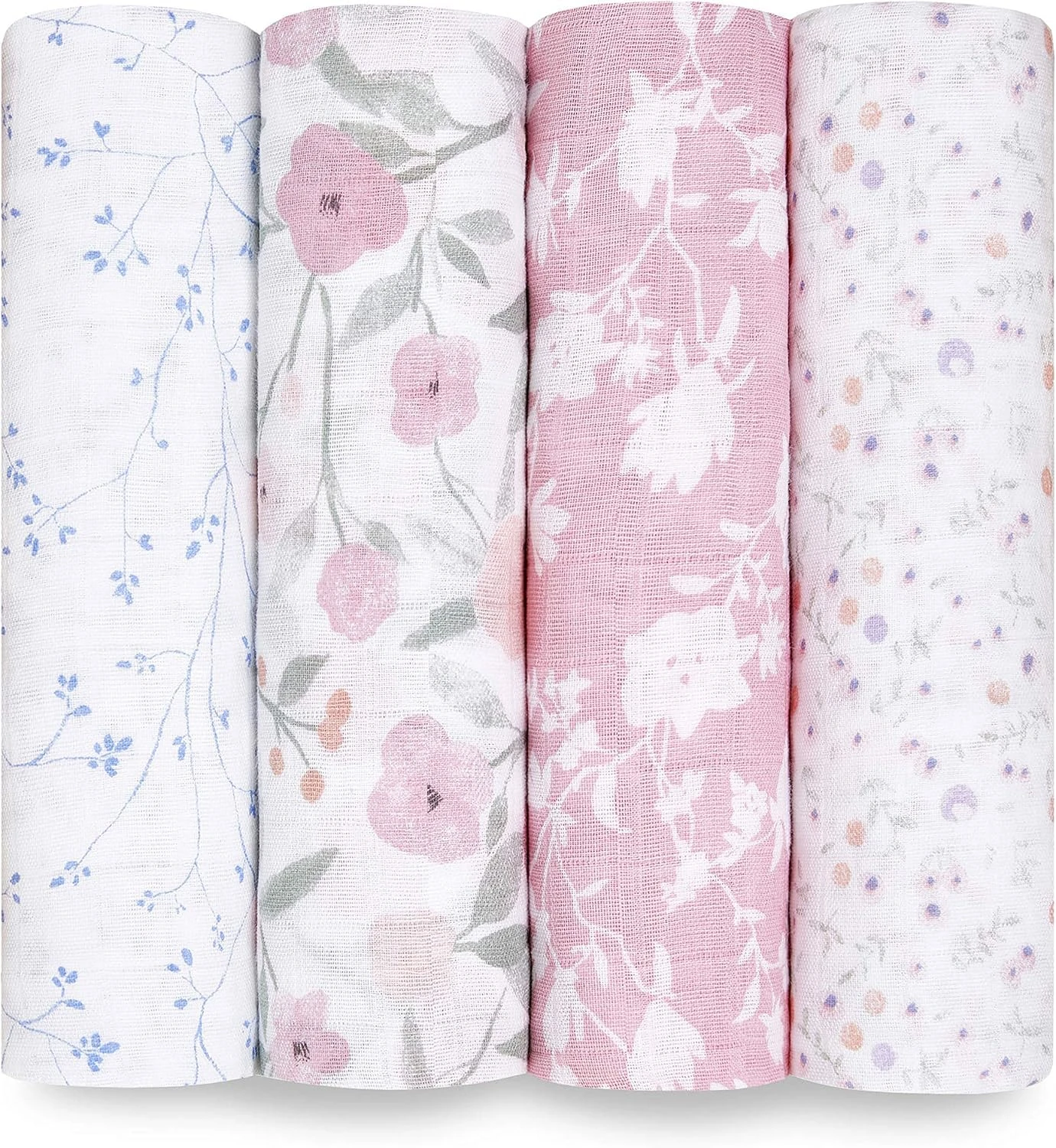 aden + anais 100% Cotton Muslin Swaddle & Receiving Blankets for Baby Girls & Boys, 120x120cm, Ideal Newborn & Infant Swaddling Wrap Set, Perfect Shower Gifts, 4 Pack, ma Fleur