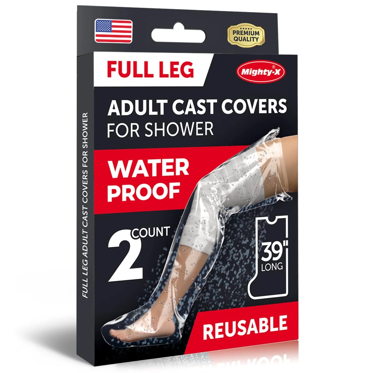 100% Waterproof Leg Cover for Shower - [Tight Seal] - 2pk - Reusable Adult Full Leg Cast Cover for Shower - Knee, Hip, Ankle, Foot - Easy to Use Cast Protectors