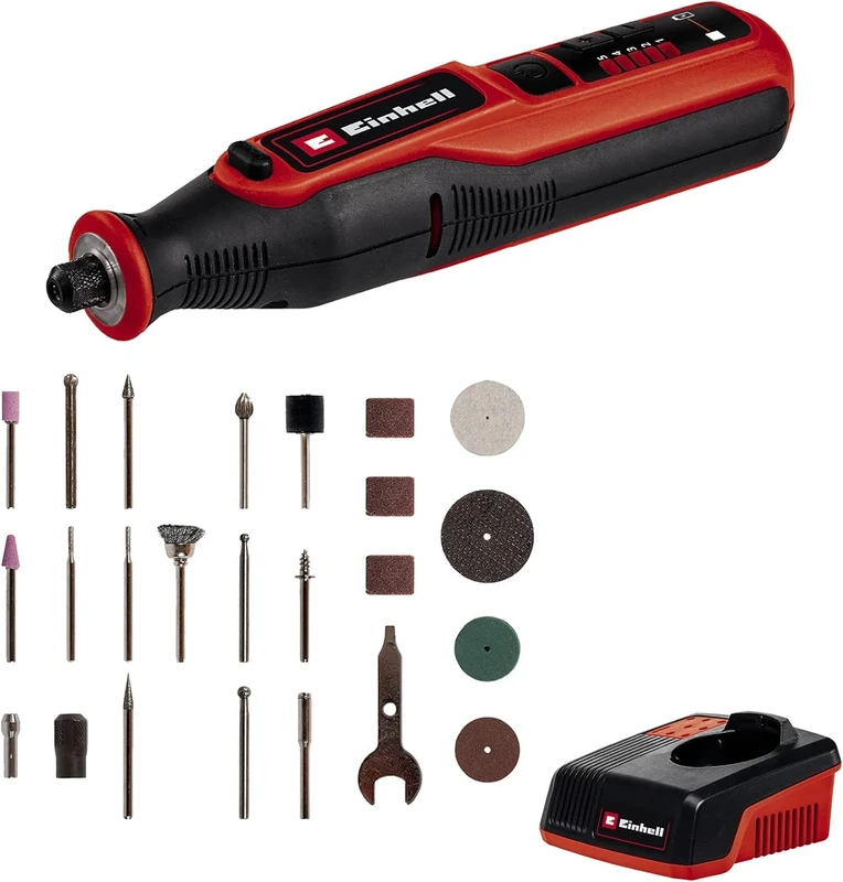 Einhell Cordless Grinding/Engraving Tool TE-MT 7.2 Li (li-ion, 7.2 V Battery, Speed Electronics, Locking Button, LED Light Ring, Charging Station, 57-Piece Accessory Set + Box), Black, red