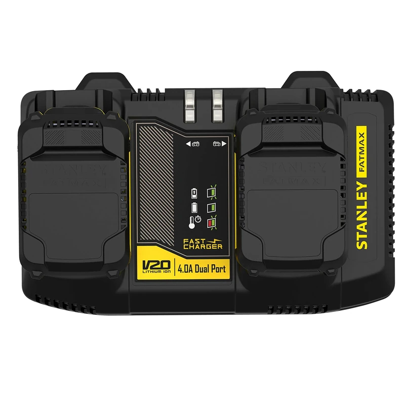 Stanley FatMax SFMCB24 Dual Bay Fast Charger (18 Volt, 4 Amps, 2 Batteries Charged in parallel, for all Stanley FatMax V20 Battery Series, Batteries Not Included)