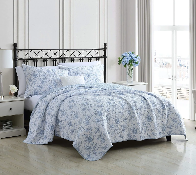 Laura Ashley Reversible Floral Cotton Bedding with Matching Shams, Home Decor for All Seasons, 100%, Blue, Twin