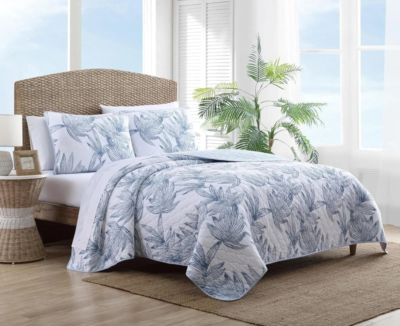Tommy Bahama Reversible Cotton Bedding with Matching Sham, Lightweight Home Decor for All Seasons, 100%, Blue, King