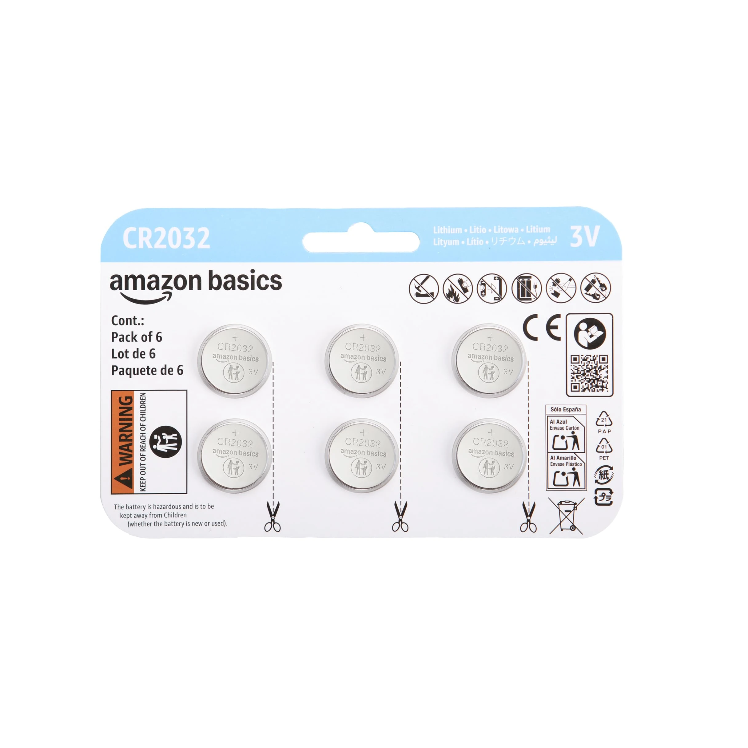 Amazon Basics 6-Pack CR2032 Lithium Coin Cell Battery, 3 Volt, Long Lasting Power, Mercury-Free