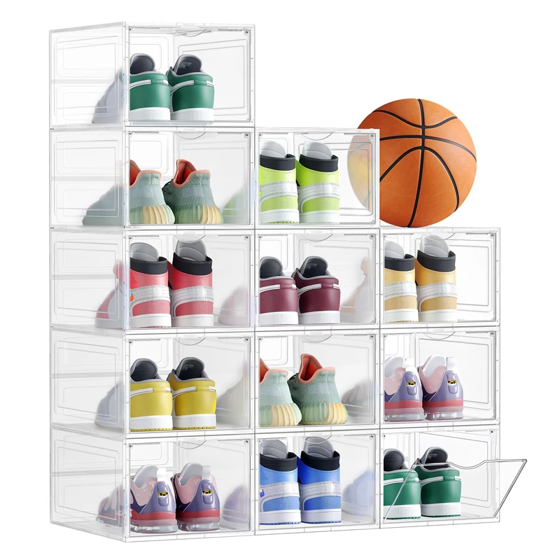 SONGMICS Shoe Boxes, Plastic Shoe Storage Organisers with Clear Doors, Set of 12, Stackable, Easy Assembly, 27 x 34.5 x 19 cm, up to UK Size 10, White LSP032W12V1