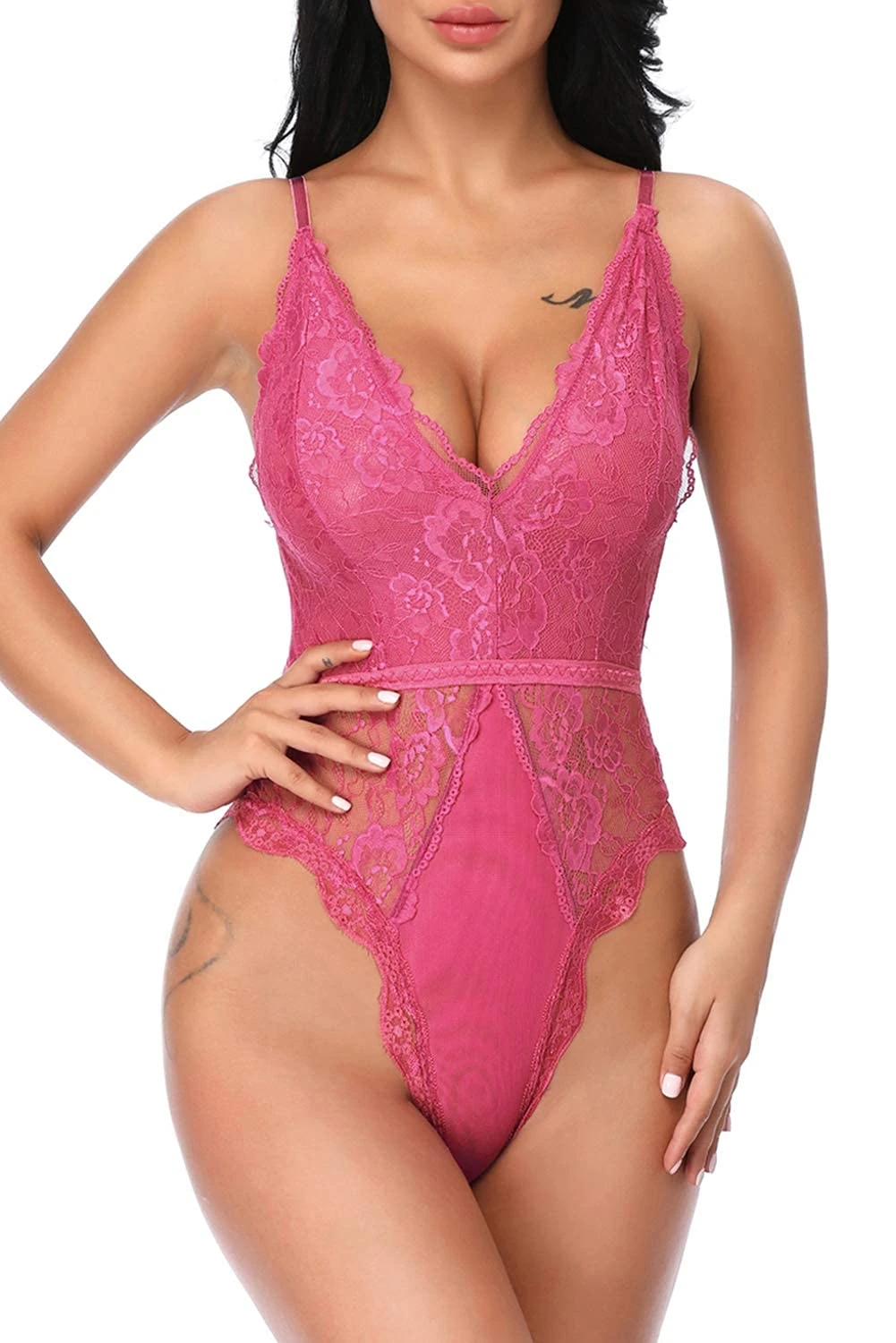 EVELIFE Women Sexy Teddy Lingerie One Piece Lace Babydoll Deep V Neck Bodysuit, Pink S