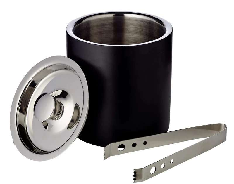 Edzard ice bucket Pearl, double-walled, set with lid and ice tongs, height 16 cm, diameter 15 cm, outside matt black, inside high-gloss polished stainless steel