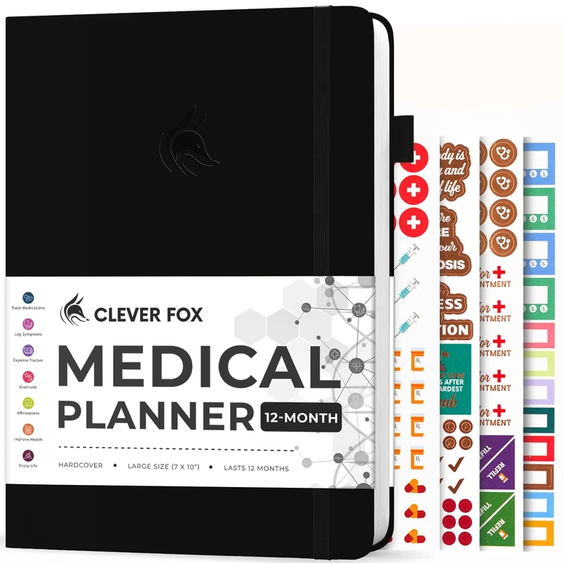 Clever Fox Medical Planner 12-Month – Medical Notebook, Health Diary, Wellness Journal & Logbook to Track Health – Self-Care Medical Journal – 12 Months, Undated, 18 x 26cm, Hardcover (Black)