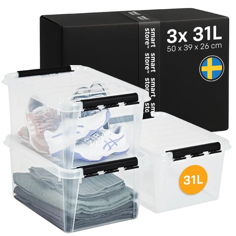 SmartStore - 3x Plastic Storage Box with Lid Classic 31L (50x39x26cm) |Plastic Storage Drawers with Lid|Food-Safe Material|Kitchen & Organisation|Durable Container for Home & Office|10-Year Warranty