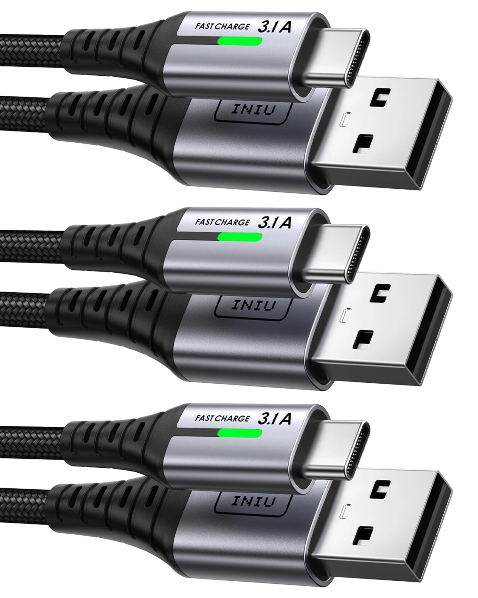 INIU USB C Charger Cable, [3 Pack 0.5+2+2m] USB A to USB C 3.1A Fast Charging, Braided Phone Charger Type C Cable for iPhone 17 16 15 Pro Max Samsung Galaxy S25 S24 S23 Switch PS5 Huawei Pixel 9 etc