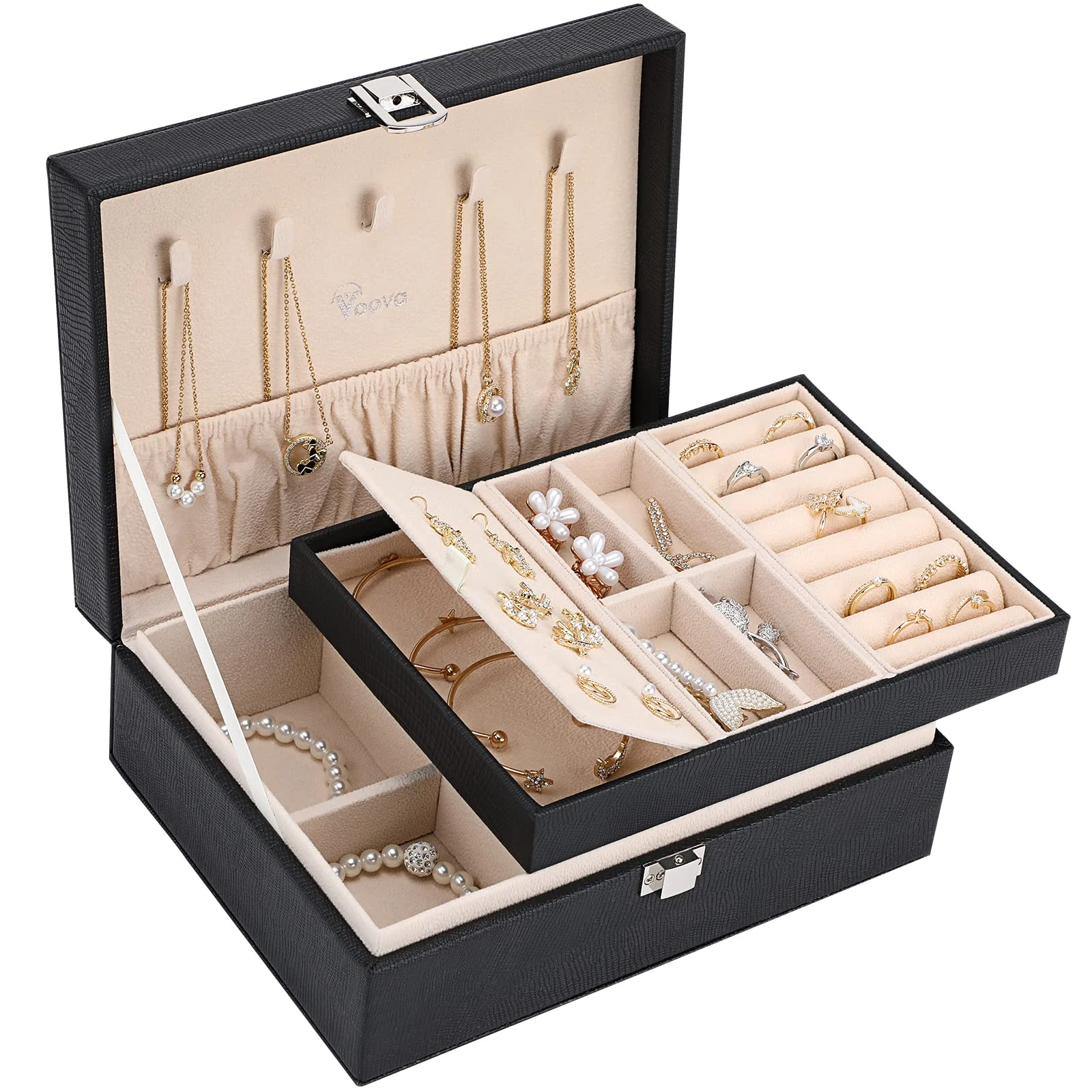 Voova Jewellery Box Organiser for Women Girls, 2 Layers Large Jewelry Storage Case, PU Leather jewlerrying Display Holder with Removable Tray for Necklace Earrings Rings Bracelets, Gifts, Black