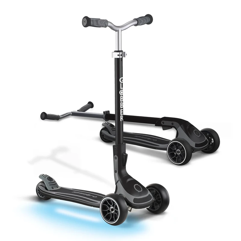 Globber Ultimum Lights, Charcoal Grey - Foldable Scooter with Lights, 3 Wheels, Adjustable Handlebar, Wide Deck, Rear Braking, 100 kg Max Weight, 2 Years Warranty
