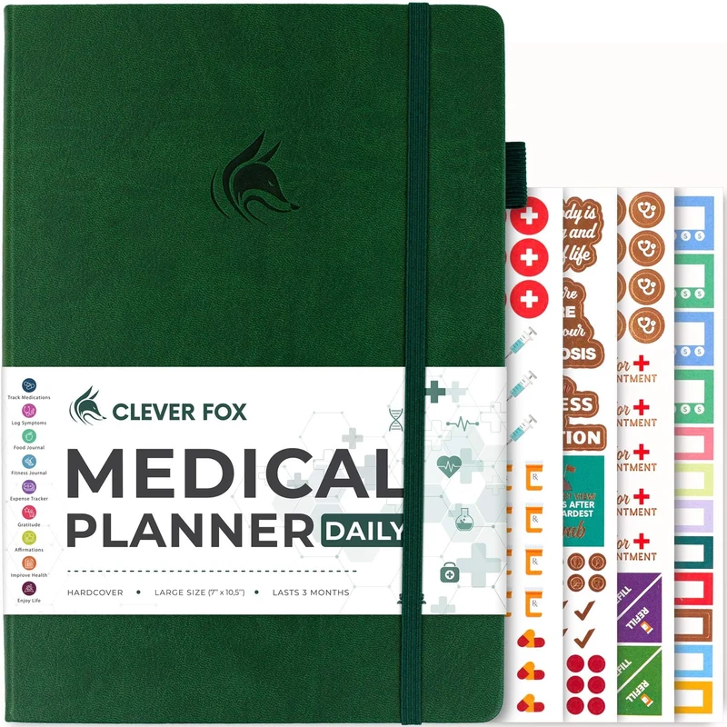 Clever Fox Medical Planner Daily – Medical Notebook, Health Diary, Wellness Journal & Logbook to Track Health – Self-Care Medical Journal – 3 Months, Undated, 18 x 26cm, Hardcover (Forest Green)