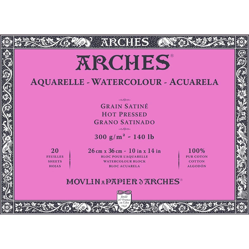 ARCHES Aquarelle 100% Satin 300g Gluing Pad 4L 26x36 20 Sheets Natural White, Paper