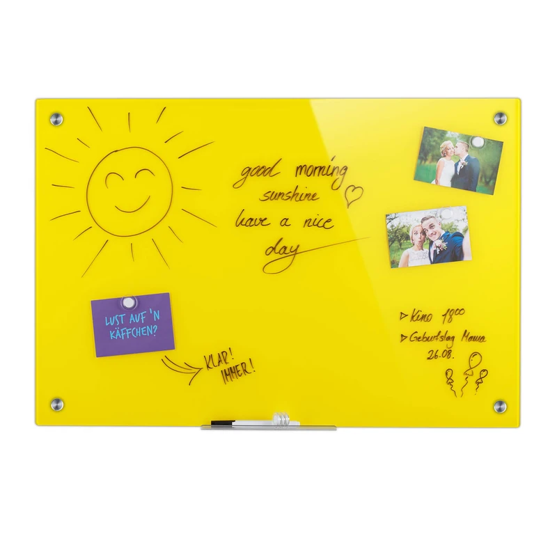 Relaxdays Glass Magnetic Board, Memo Board, Writable, Pen Holder, Scratch Resistant Safety Glass, 60x90 cm, Yellow