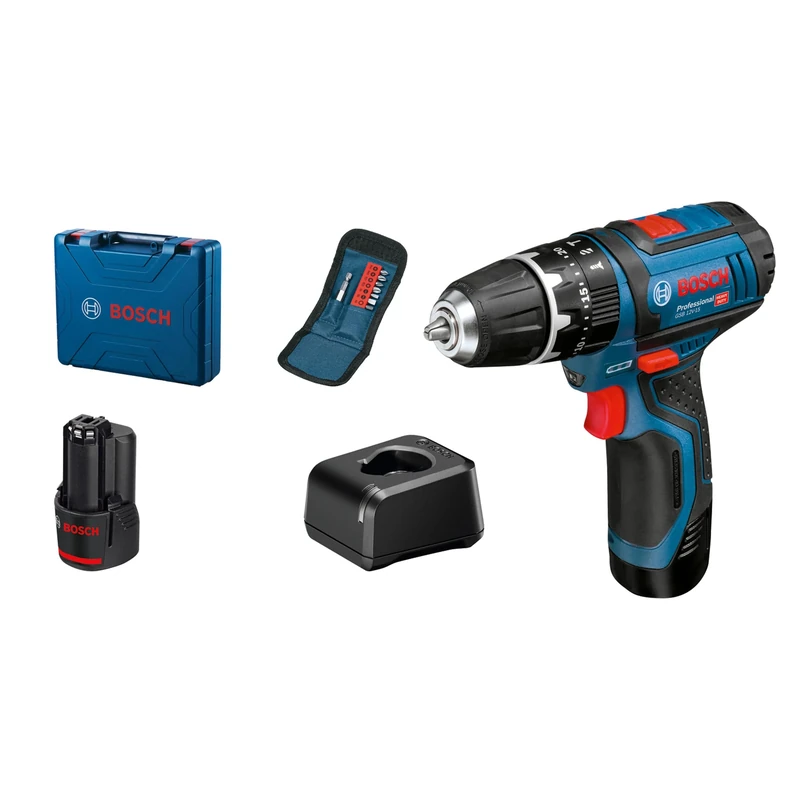 Bosch Professional 12V System GSB 12V-15 Cordless Combi Drill (Including 2x2.0 Ah Battery + Charger, 10-Piece bit Set, in Tool case)