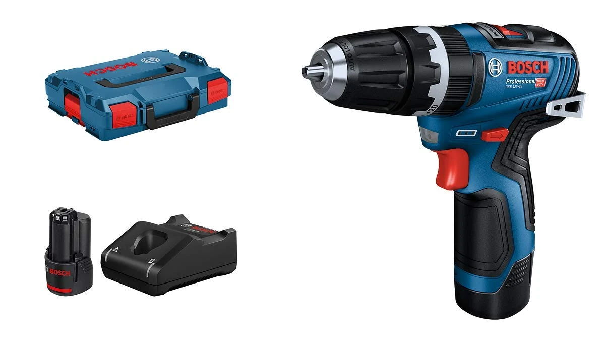 Bosch Professional 12V System Cordless Combi GSB 12V-35 (incl.2x GBA 3.0Ah Battery, GAL 12V-40 Charger, 1x Belt Clip, 1x Bit Holder, 2x 1/2 Inlay, L-BOXX 102)
