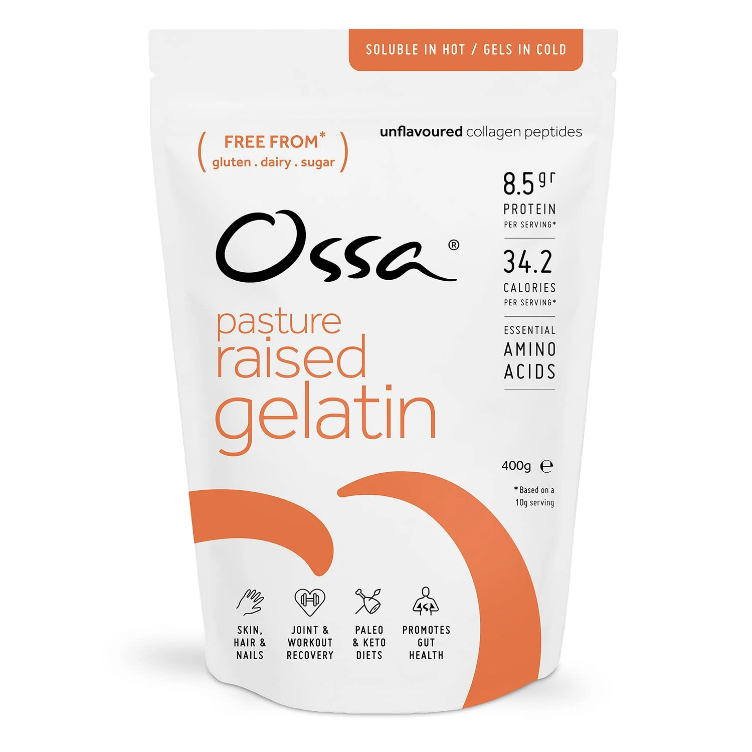 Ossa Bovine Gelatin Powder – 100% Natural, Pasture-Raised Beef Gelatine | Unflavoured Protein Powder with Collagen & Amino Acids | Keto, Paleo & Gut Health Support | 400g