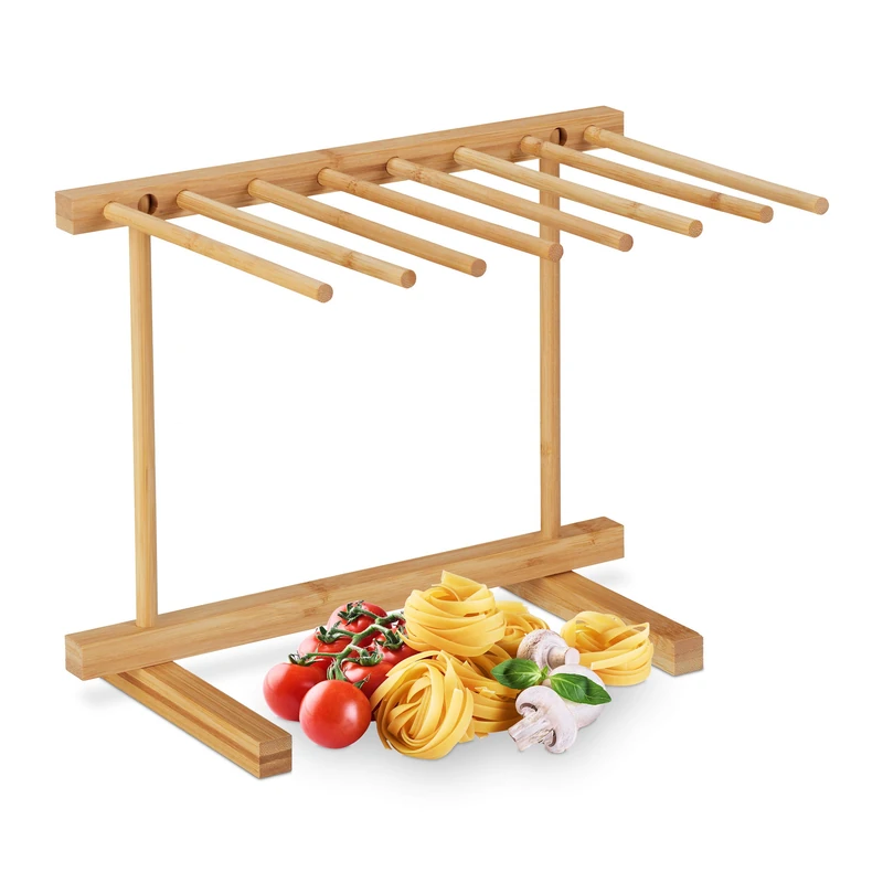 Relaxdays Pasta Drying Rack, 8 Bars, Pasta Dryer, Pasta Stand, Pasta Hanger, Bamboo, 28 cm Height, Natural
