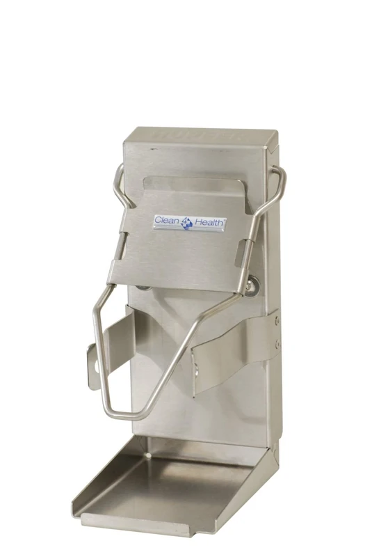 Universal disinfectant dispenser with arm lever, adjustable to different container sizes up to 1 litre bottles, for the table or wall mounting.