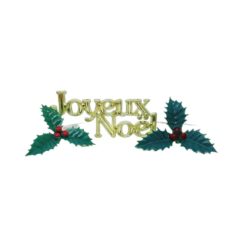 Anniversary House 3pcs Gold Merry Christmas Cake Topper Kit – Reusable Non-Edible Decorations with Joyeux Noël Motto & Holly Sprigs – Vintage Style for Yule Logs, Cakes & Holiday Bakes