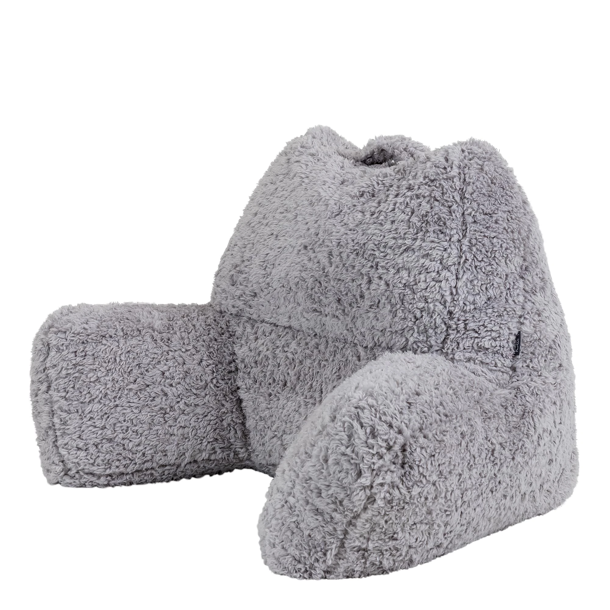 icon Teddy Bear Fluffy Fleece Cuddle Cushion, Grey, Reading Pillow, Back Support Cushion, Back Support Pillow for Bed with Bead filling included, Ideal as a backrest for sitting up in bed