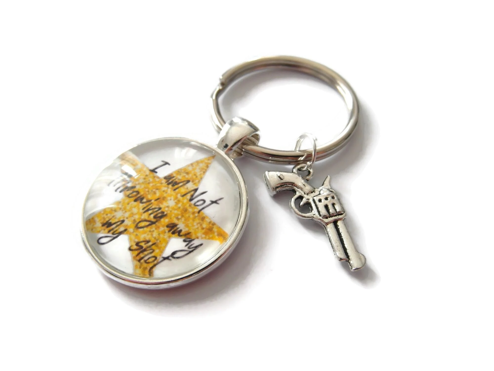 I am NOT throwing away my shot 25mm handmade glass cabochon Hamilton musical themed keyring gift, love musical theatre birthday Xmas present