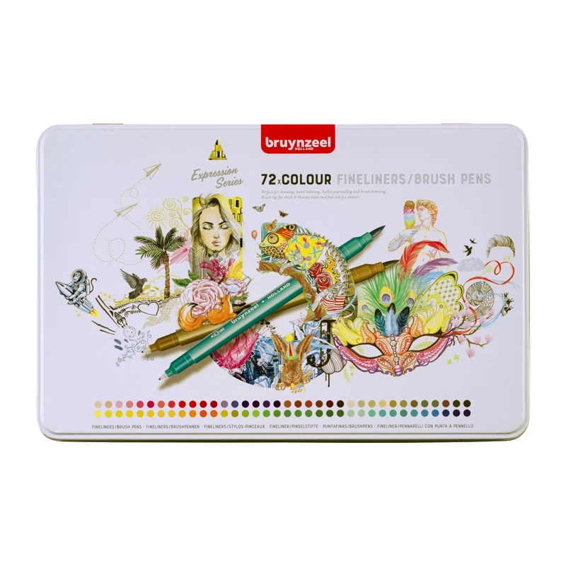 Bruynzeel Creatives Fineliner/Brush Pen Set of 72 Colors | Dual-Tip Pens for Writing, Drawing & Coloring Books for Adults