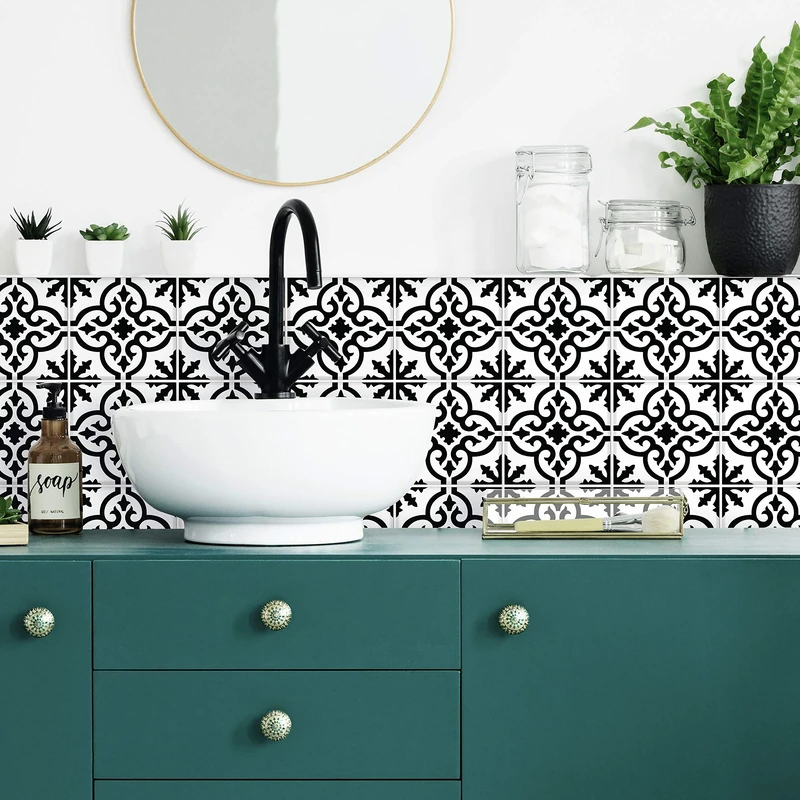 RoomMates RMK4649GM Ornate Black and White Tile Backsplash Peel and Stick Wall Decals