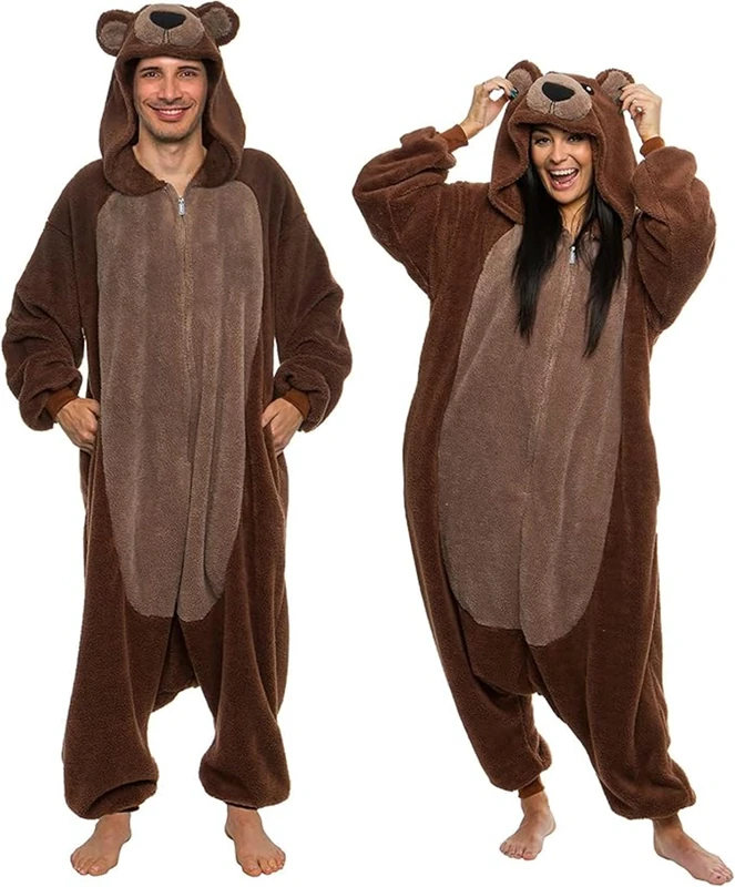 Funziez! Sherpa Bear Adult Onesie - Animal Halloween Costume - Plush Teddy One Piece Cosplay Suit for Adults, Women and Men, Brown Bear, Small