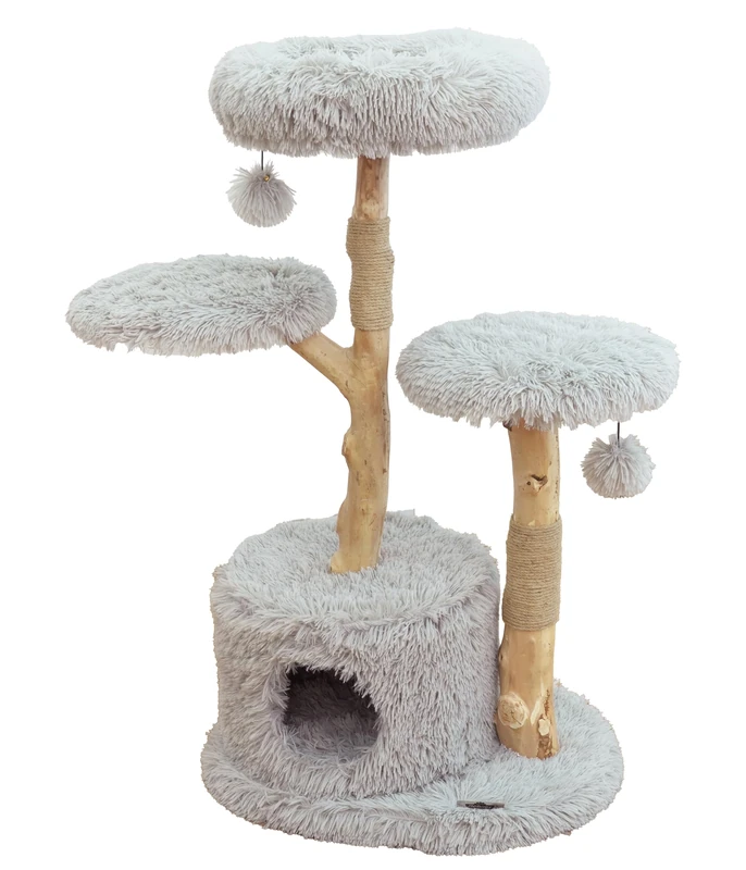 Dehner Premium Lovely Cat Scratching Post | Rise & Shut Down | Cat Tree, Cuddly Cave | for Large and Small Cats | Wood, Plush, Sisal | Sturdy, Modern, Light Grey | Approx. 110 x 60 x 45 cm - Image 1