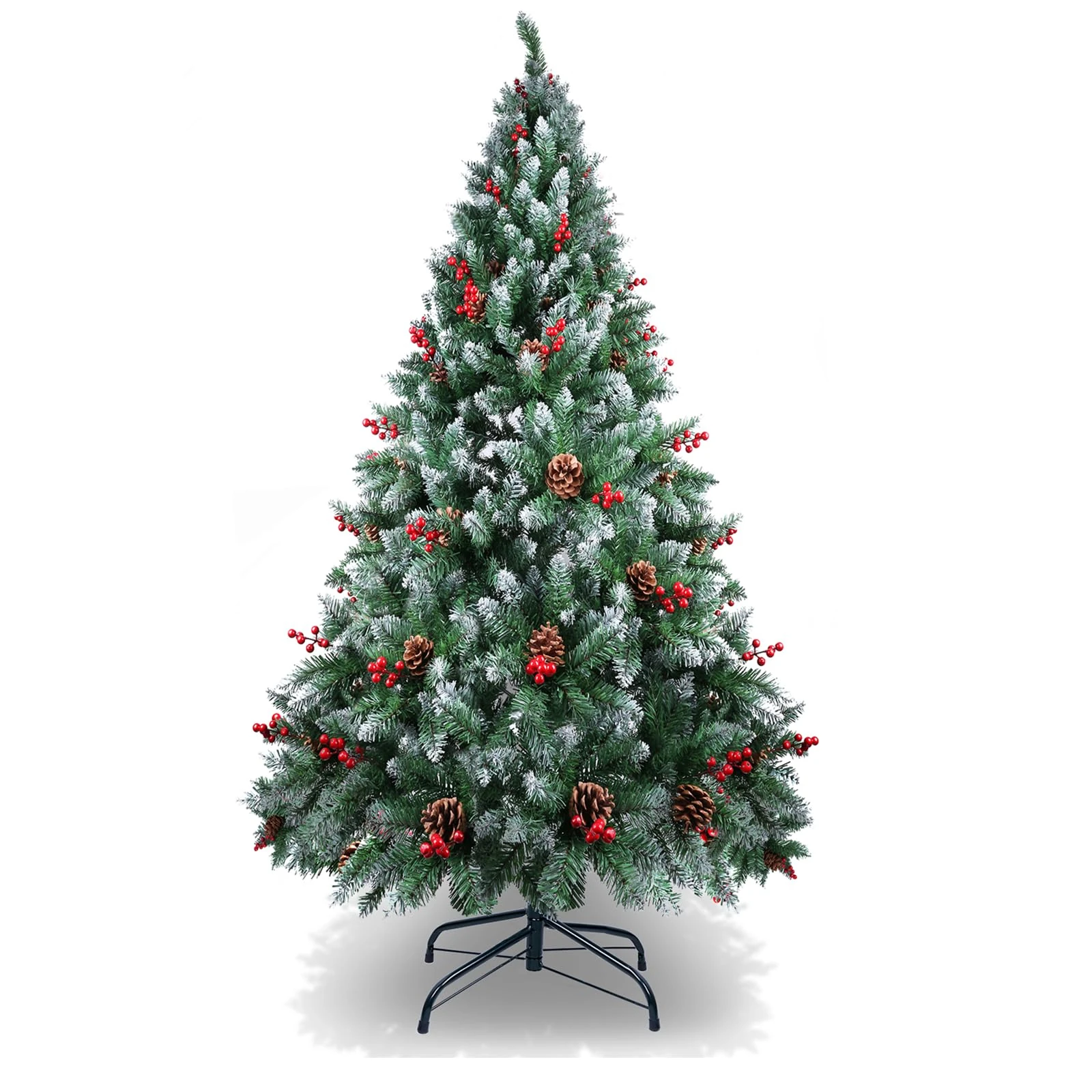 AGM Christmas Tree 6ft, 1.8M Snow Flocked Artificial Christmas Tree 720 Tips with Pine Cones and Red Berries, for Christmas Outdoor and Indoor Decoration