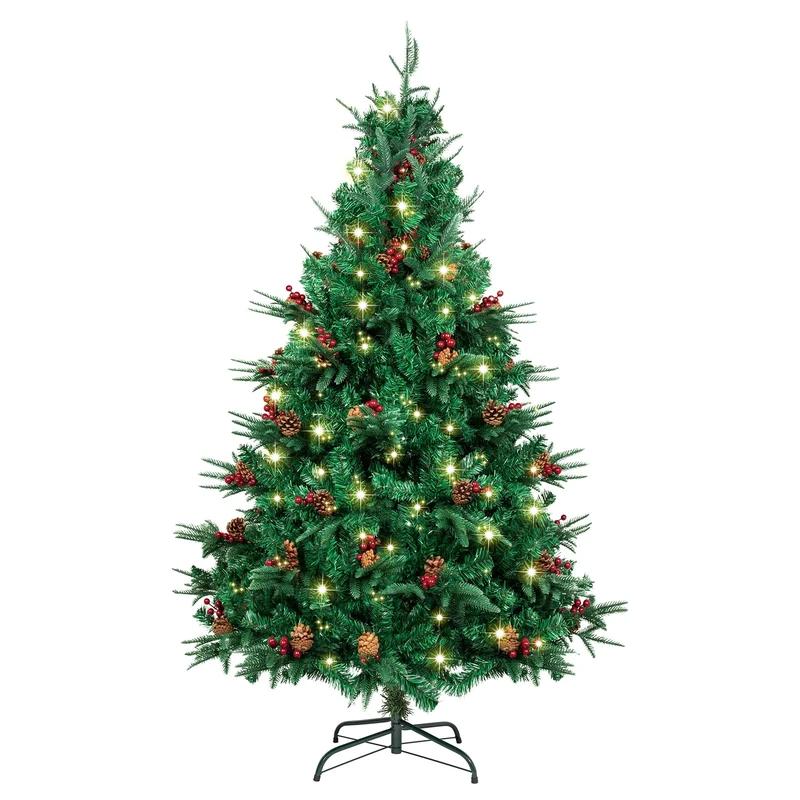7ft Christmas Tree with Lights, AGM 210CM PE PVC Xmas Tree with Red Berries and Pine Cones for Indoor Outdoor Christmas Decor