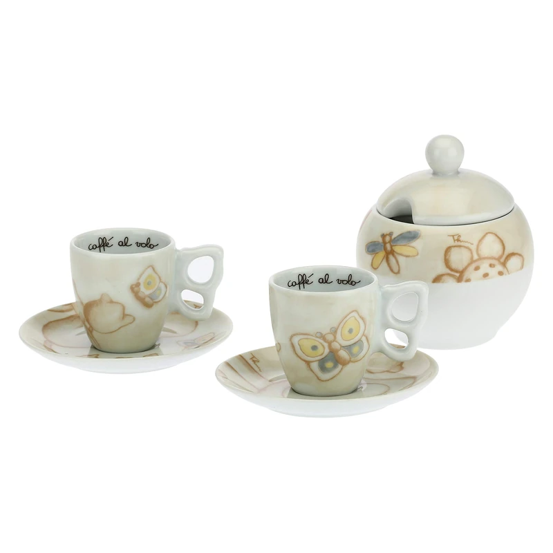 THUN - Set of 2 Coffee Cups and Sugar Bowl - Elegance Line - Porcelain - 110 ml - Ø 6,5 cm - 5,5 cm h - Saucer Ø 11,5 cm - Sugar Bowl 11x11x120 cm h - 110 ml