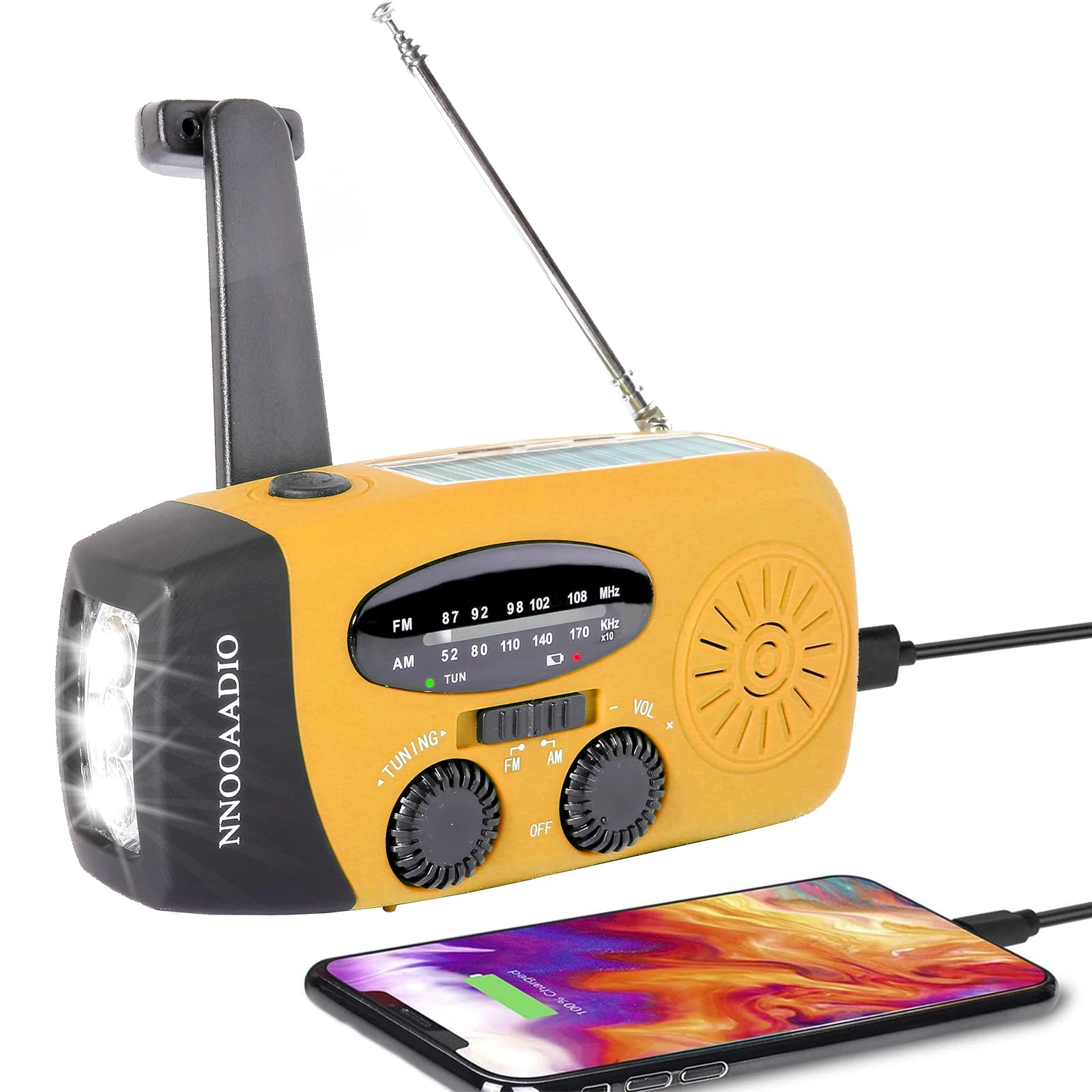 Wind Up Solar Radio, Survival Hand Crank Dynamo AM/FM Emergency Weather Radio, 2000mAh Rechargeable USB Phone Charger, SOS Alarm, LED Bright Flashlight, for Household and Outdoor Camping, Hiking