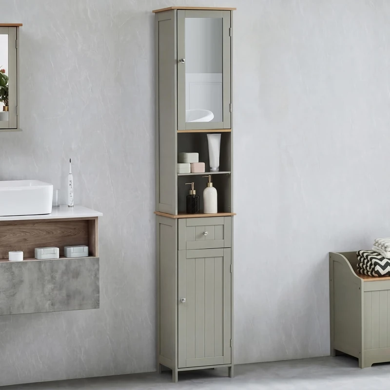 Bath Vida Priano 2 Door Bathroom Floor Cabinet | Grey & Oak | Space-Saving Storage | 190H x 35W x 30D cm | Tall | Mirrored |Freestanding | Modern Wooden Storage Unit